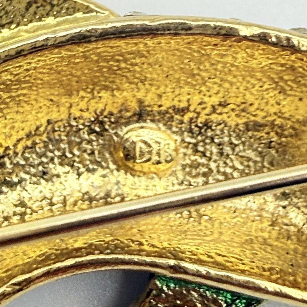 Signed DIS Vintage Dolphin Brooch Blue Green Enamel Rhinestone Gold Tone Pin
